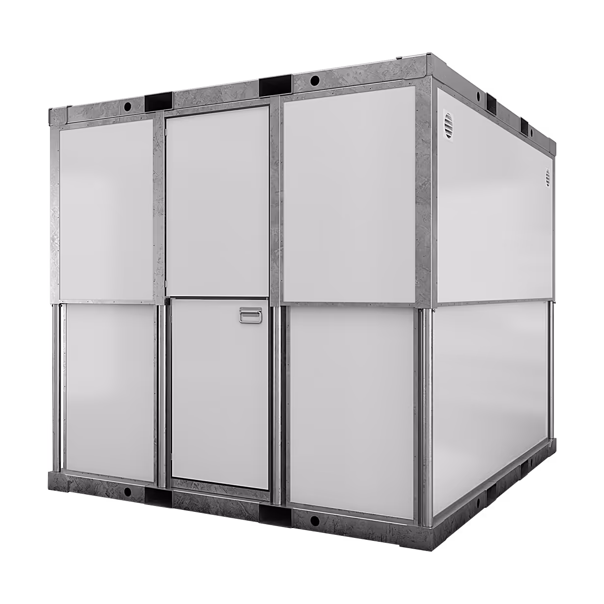 Large metallic and white industrial container with a handle on the front door panel.