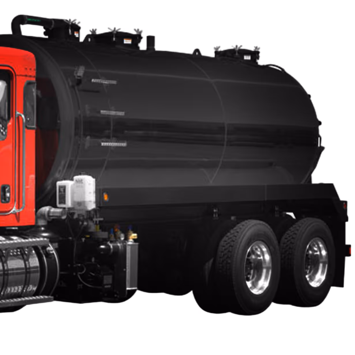 Red cab with large black cylindrical tank mounted on heavy-duty truck chassis with dual rear wheels.