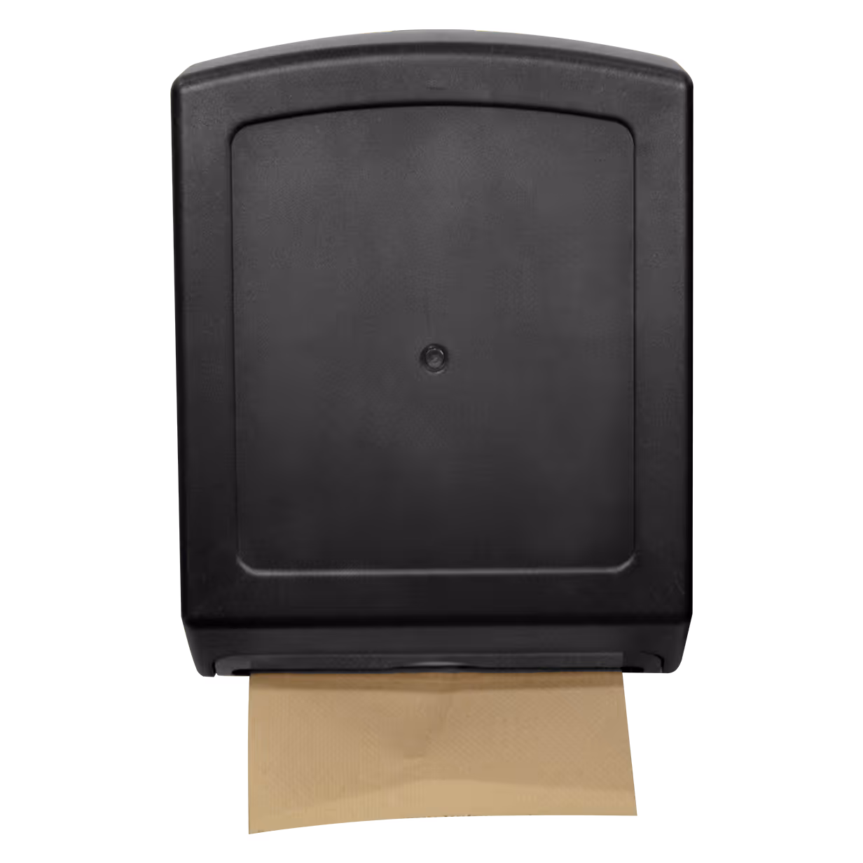 Black wall-mounted paper towel dispenser with brown paper towel partially visible below.