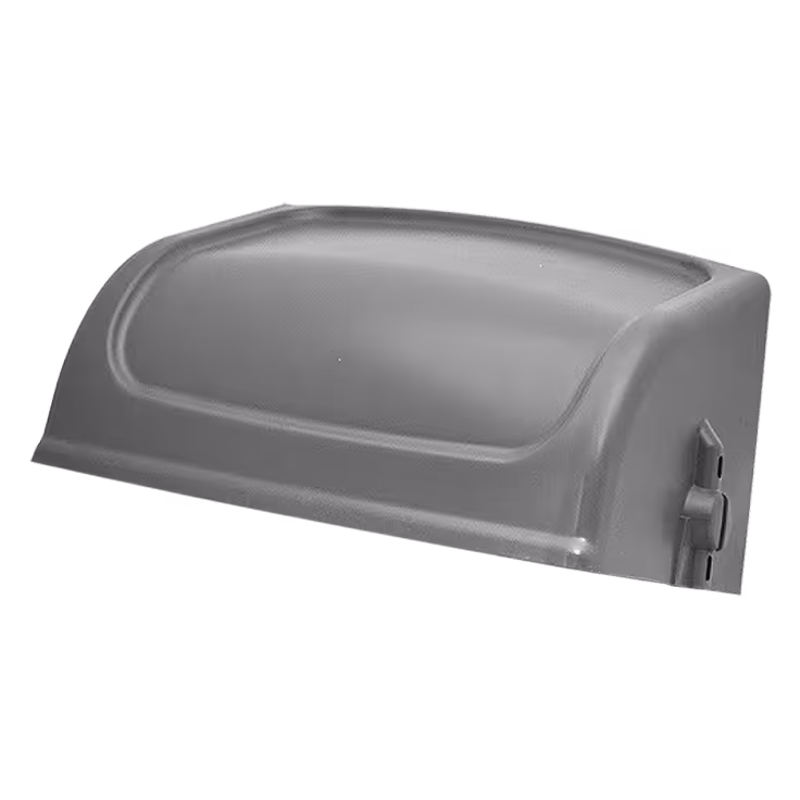 Gray plastic wall-mounted two-roll toilet paper dispenser with a curved cover and locking mechanism.