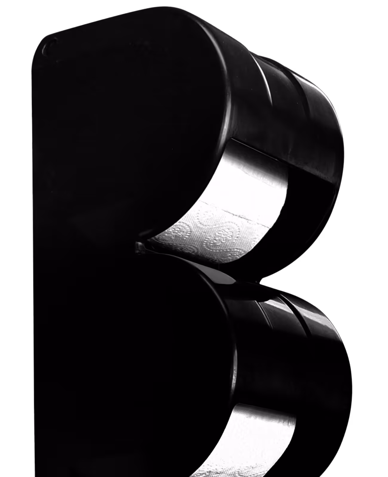 Black double toilet paper dispenser with white embossed rolls inside on black background.