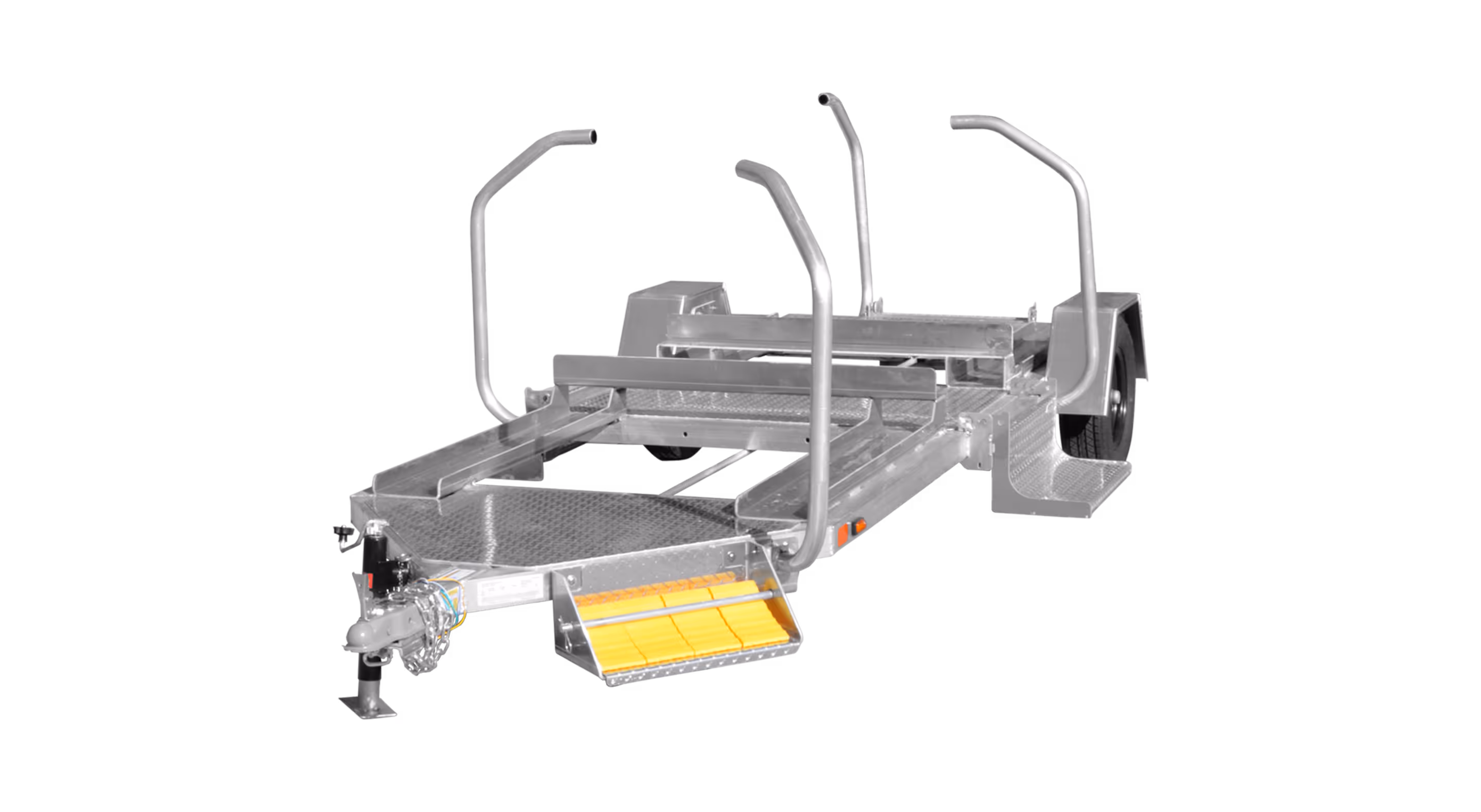 Two-wheeled Pioneer 2+ trailer with a metallic frame and adjustable handles for maneuverability.