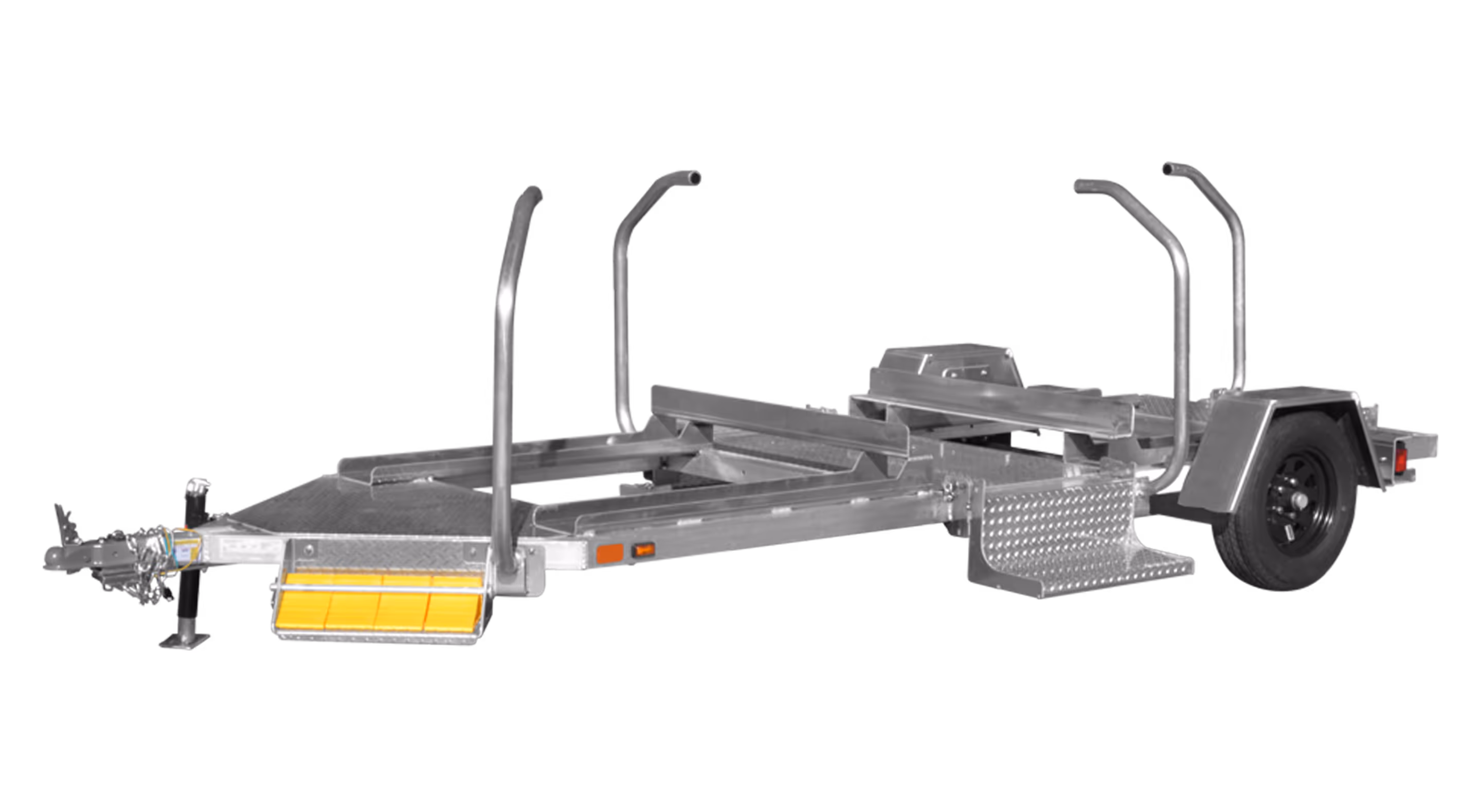 Pioneer 2+ trailer with a steel frame, dual rails, and adjustable support arms for vehicle