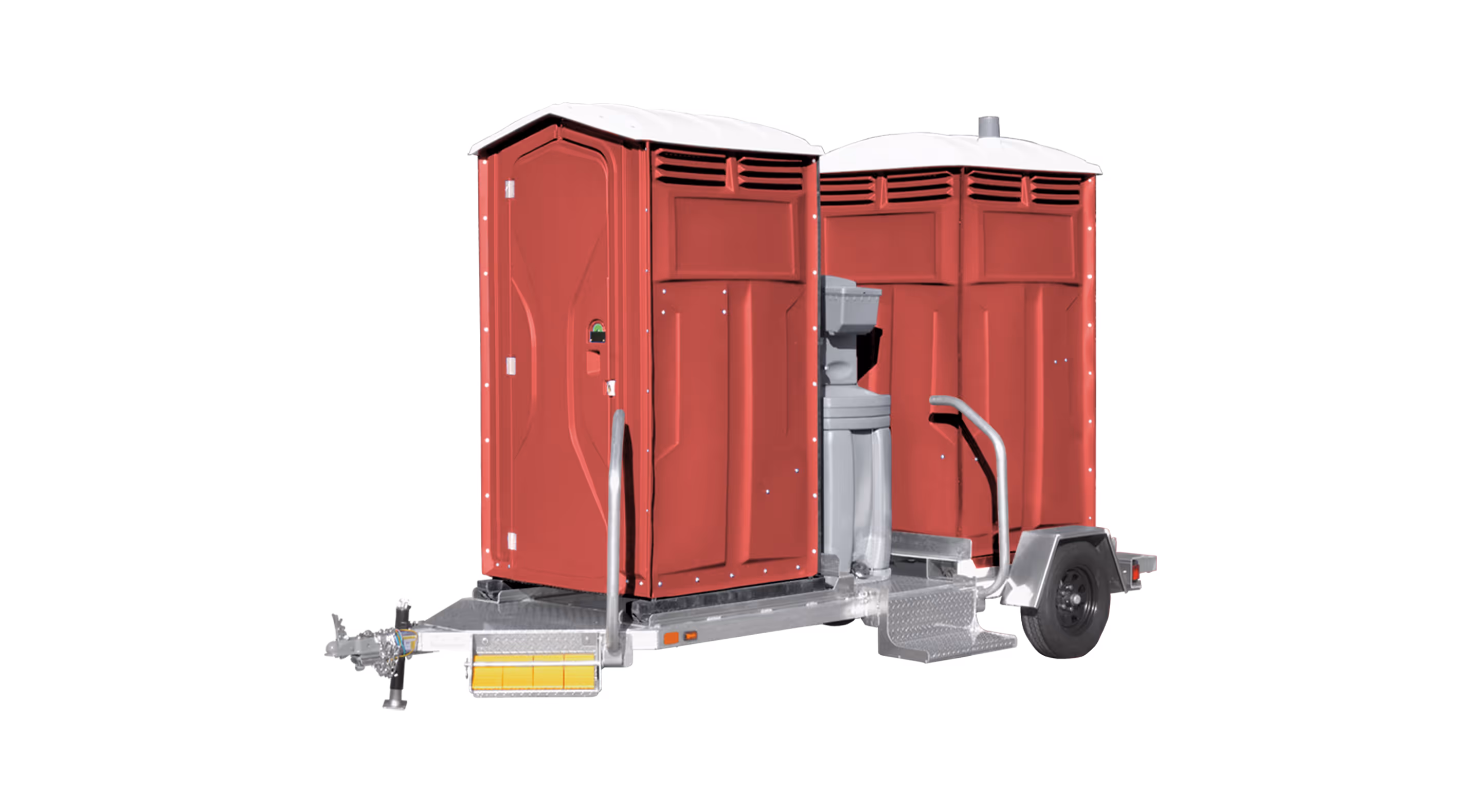 Red portable restroom trailer with two units, equipped with a central sink and wheels for mobility.