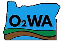 Outline of Washington state with O2WA text over a blue, green, and brown landscape design.