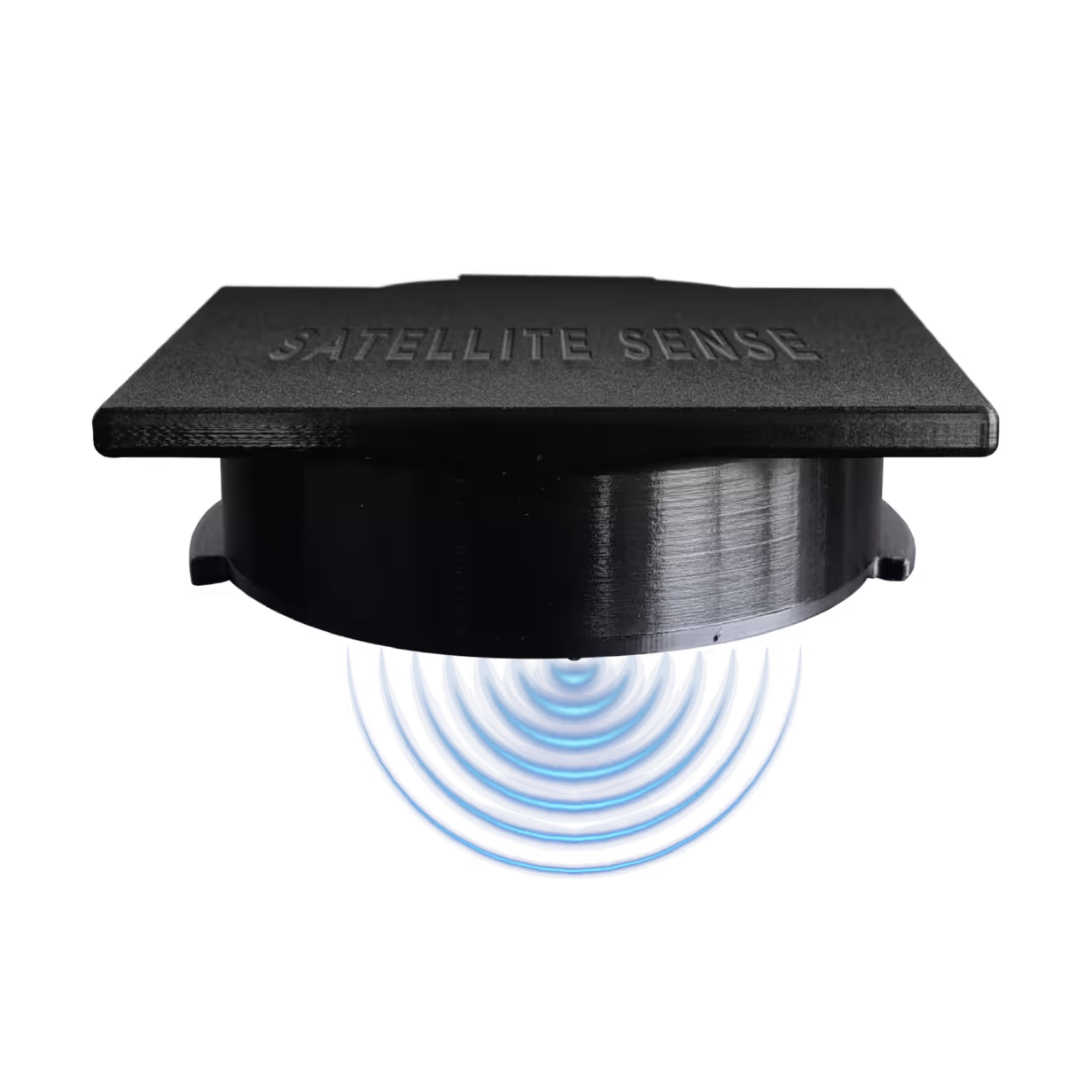A black device labeled "SATELLITE SENSE" emits blue circular wave patterns on a black background.
