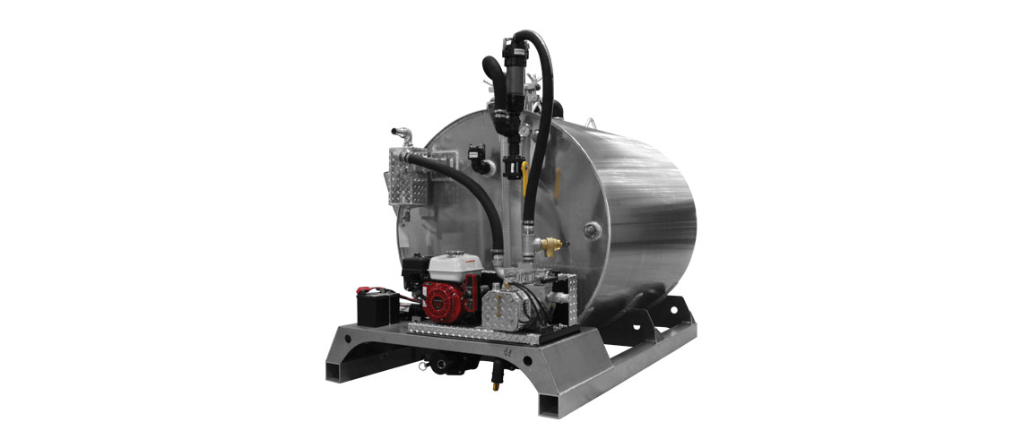 Stainless steel slide-in tank with pump, hoses, and mounting base for equipment or vehicles.