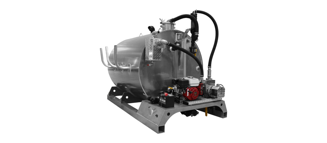 Industrial stainless steel tank with mechanical pump and hoses mounted on a metal frame base.