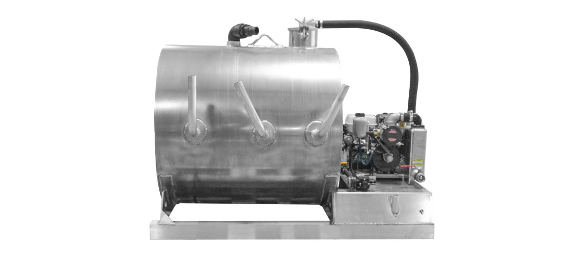 Industrial stainless steel tank with three angled pipes and attached engine unit on a metal base.