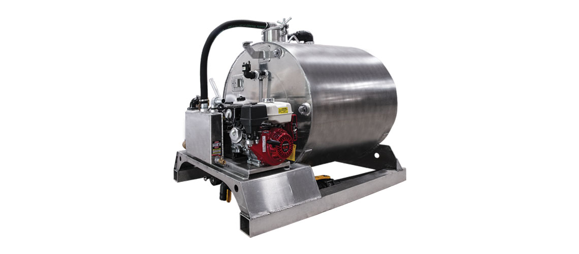 Stainless steel slide-in tank with a red engine and various valves and hoses attached.
