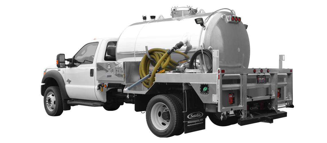White utility truck with a large metal tank and coiled yellow hose on the back.