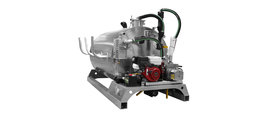 Industrial vacuum pump system with metal tank, red engine, black hoses, and mounted on a steel frame.