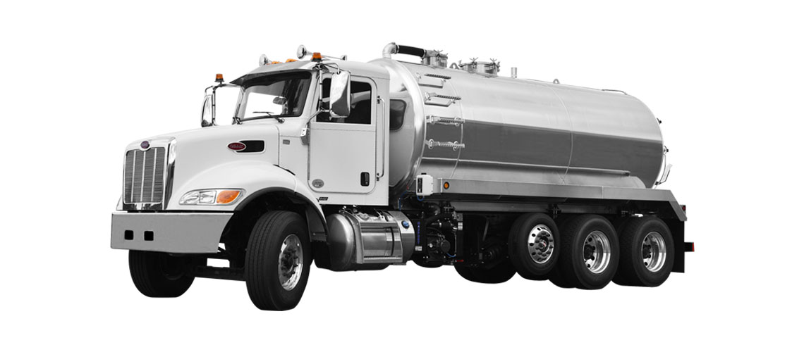 White tanker truck with a shiny silver cylindrical tank and three axles.