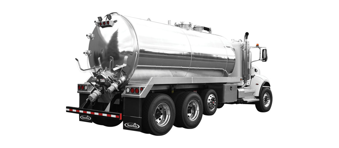 Stainless steel tanker truck with rear valves and six wheels on a white background.