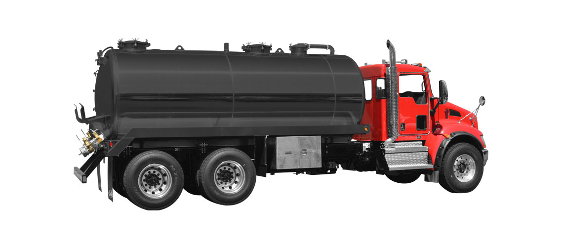 Red and black tanker truck with dual rear wheels on a white background.