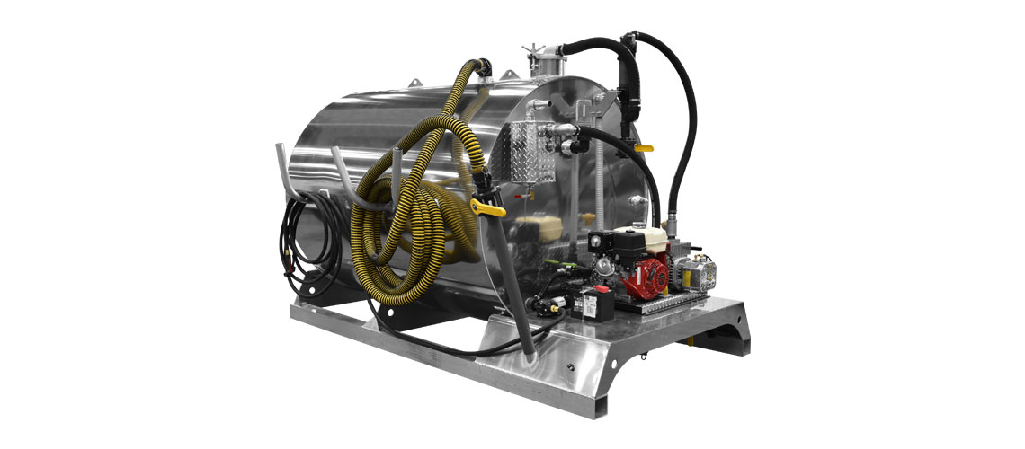 Stainless steel tank with hoses and attachments, designed for liquid storage and transport.