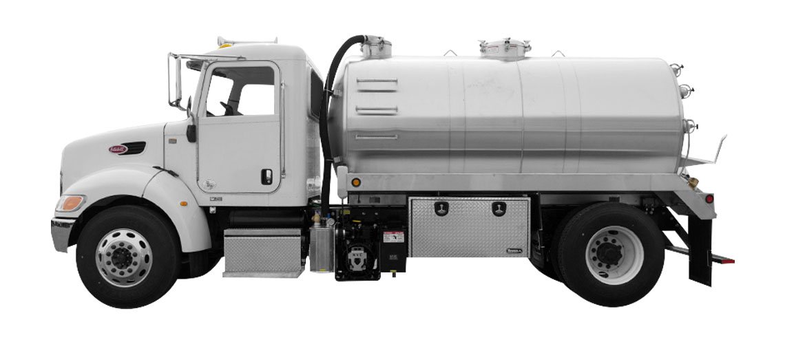 White tanker truck with a cylindrical stainless steel tank mounted on a chassis.