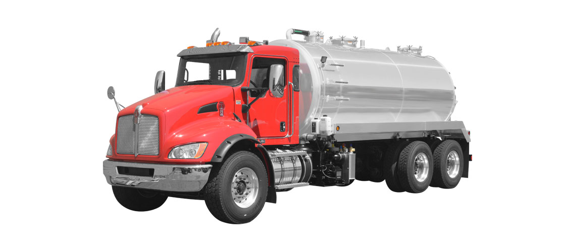 Red tanker truck with a silver tank, featuring seven wheels and chrome details.