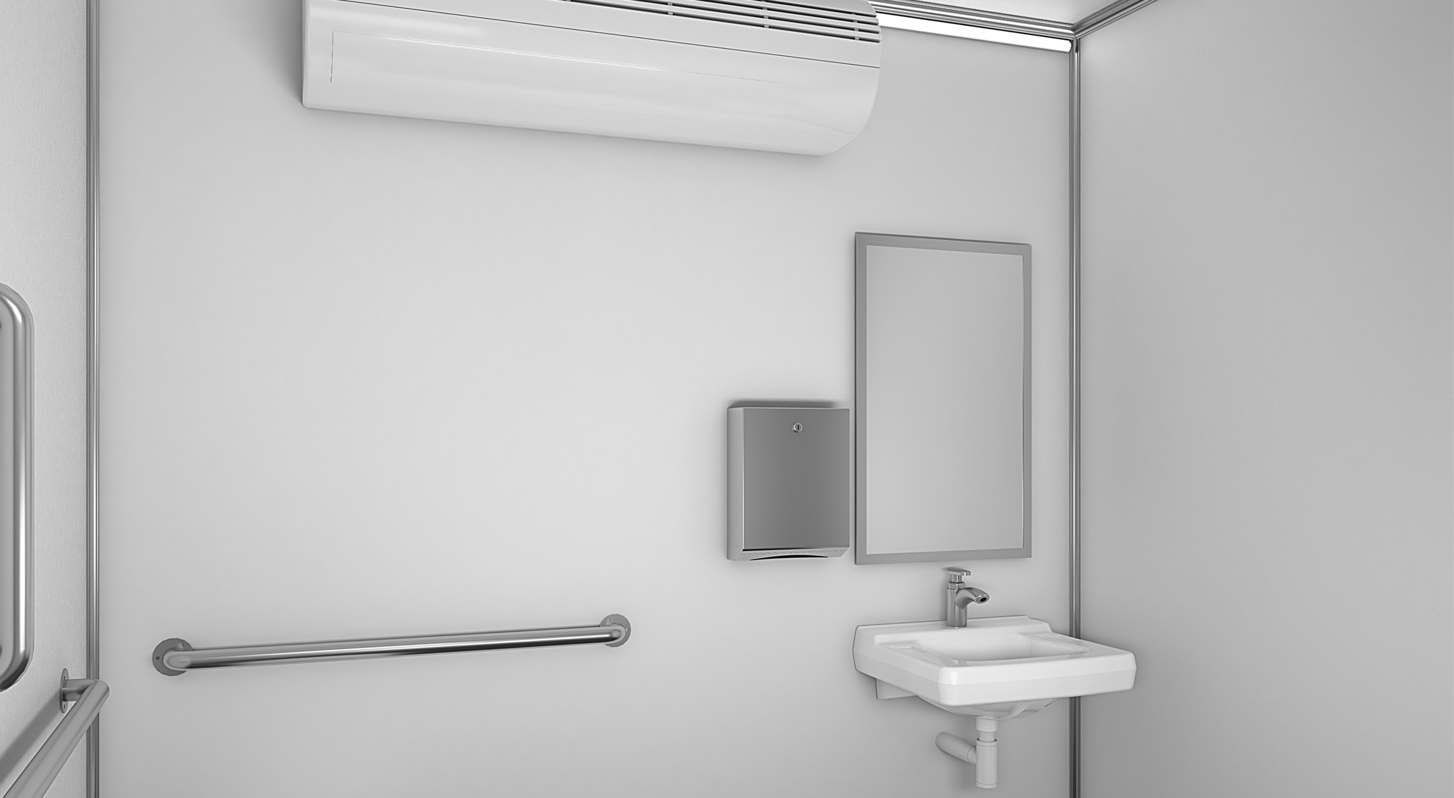 Minimalist ADA-compliant restroom with sink, mirror, handrails, paper towel dispenser, and air vent.
