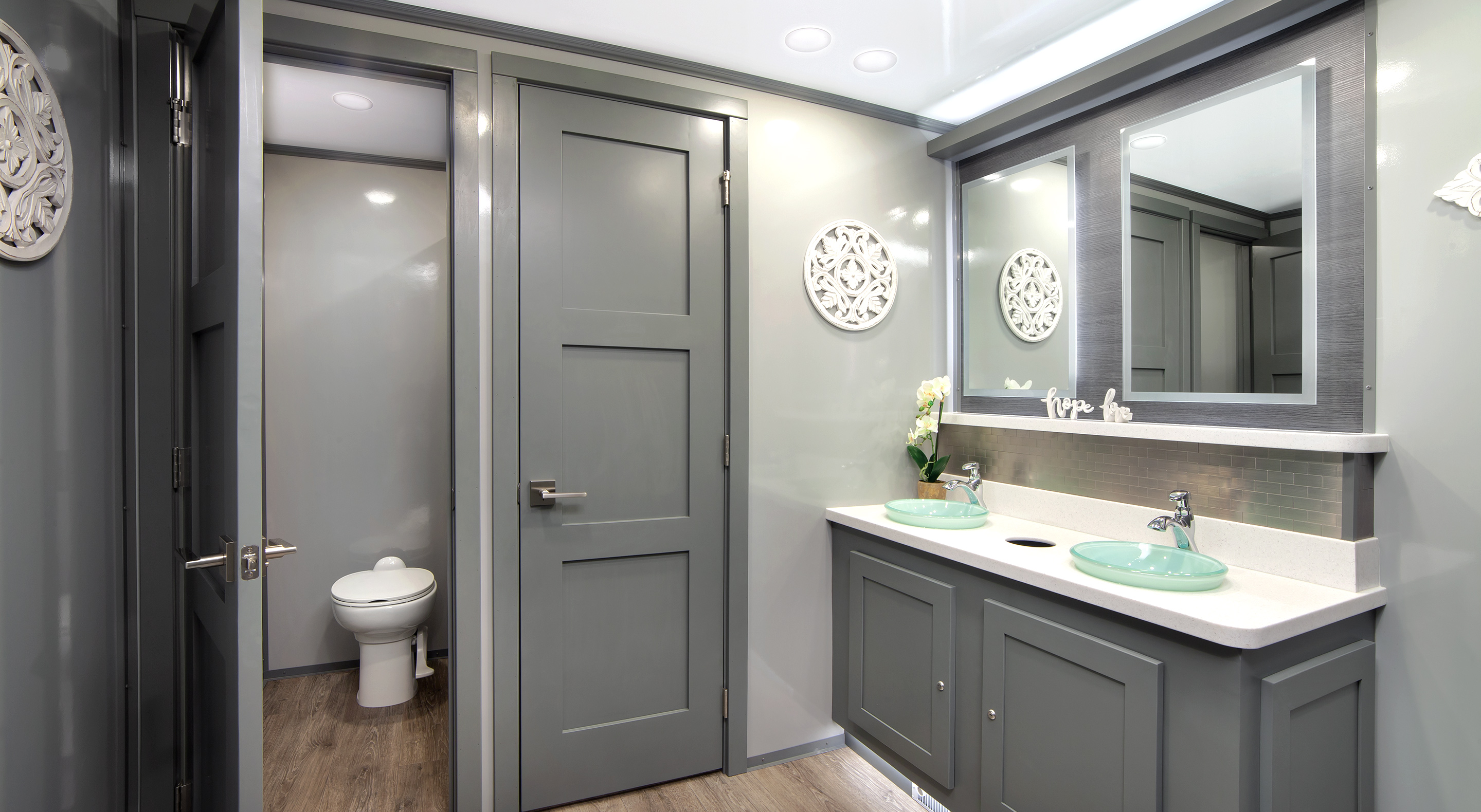 Stylish bathroom featuring dual sinks, gray cabinetry, and modern decor accents.