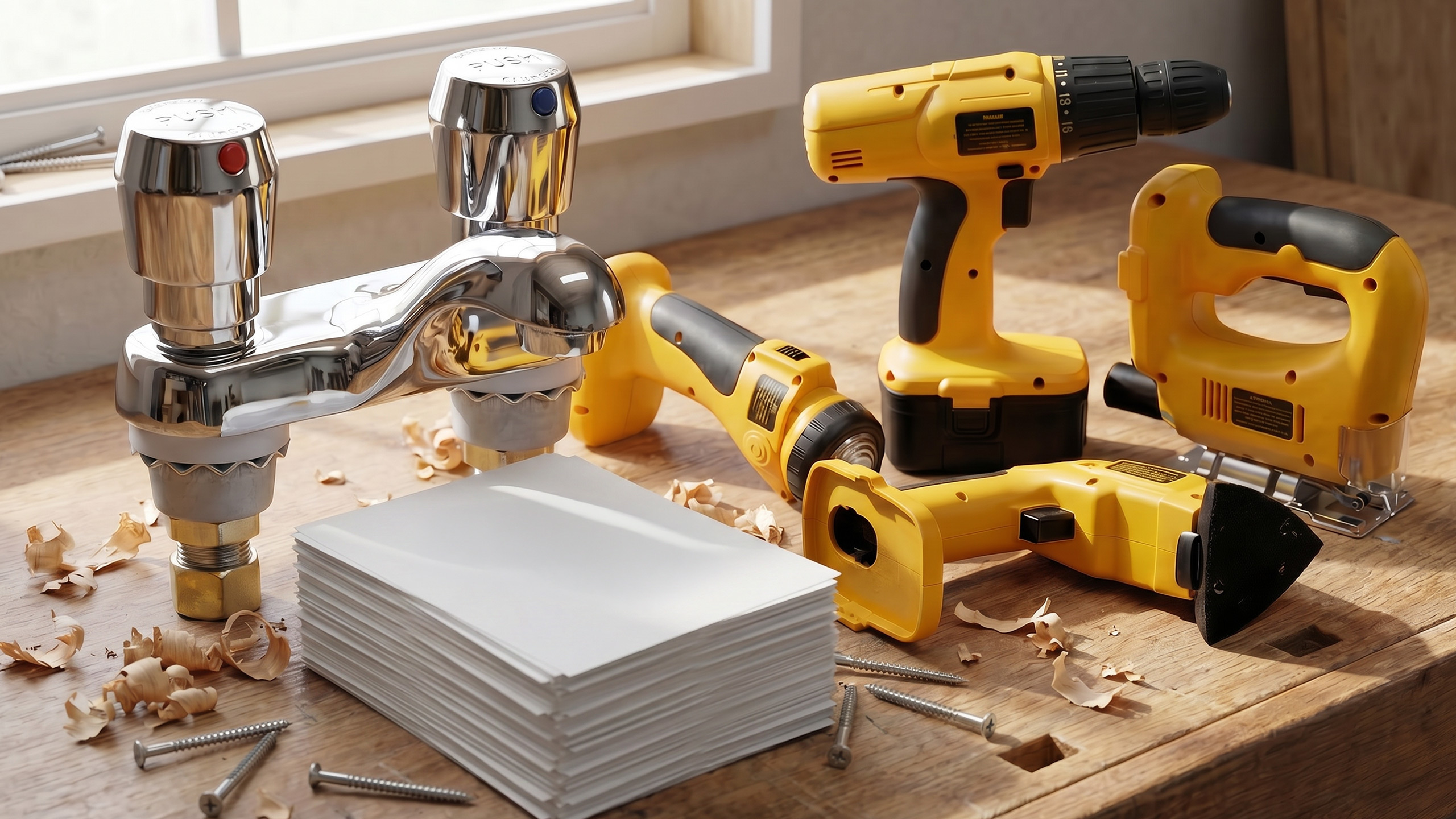 Yellow power tools and chrome faucet on wooden workbench with screws and wood shavings.