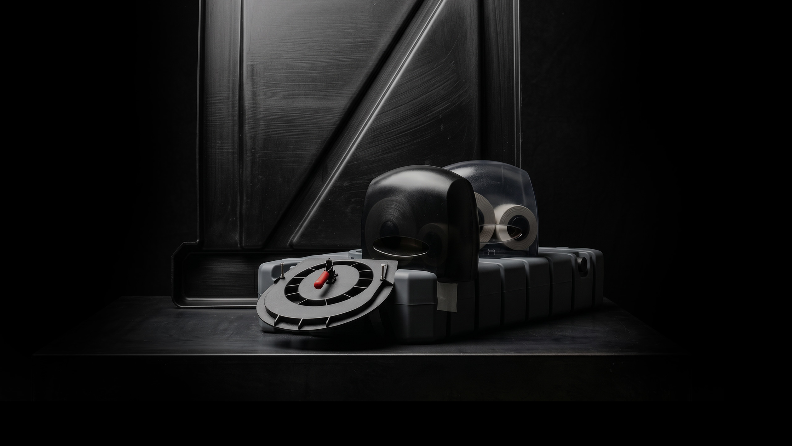 Black and gray industrial toolboxes and dispensers arranged on a dark surface with dramatic lighting.