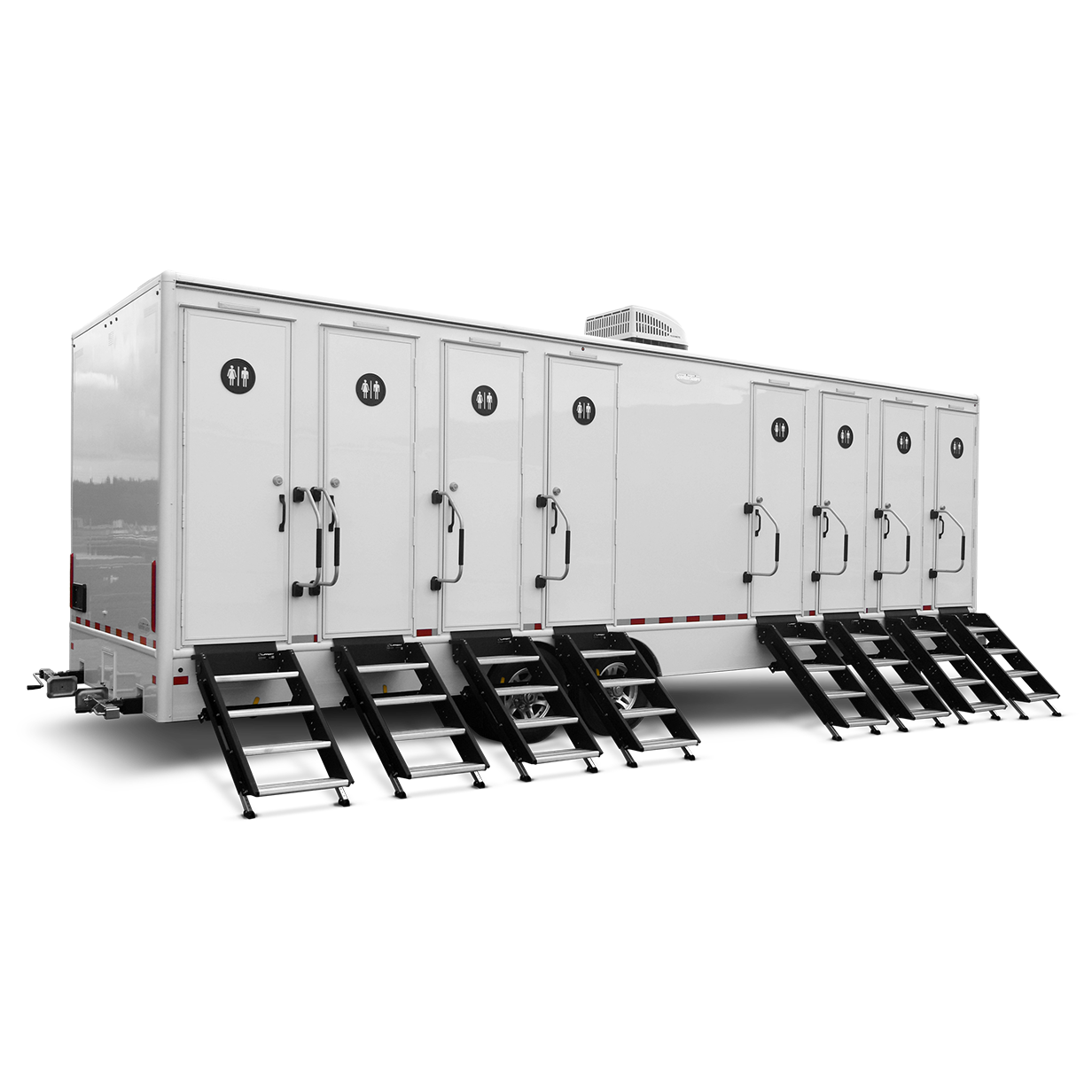 White mobile restroom trailer with eight male/female unisex doors, each with steps and handrails.