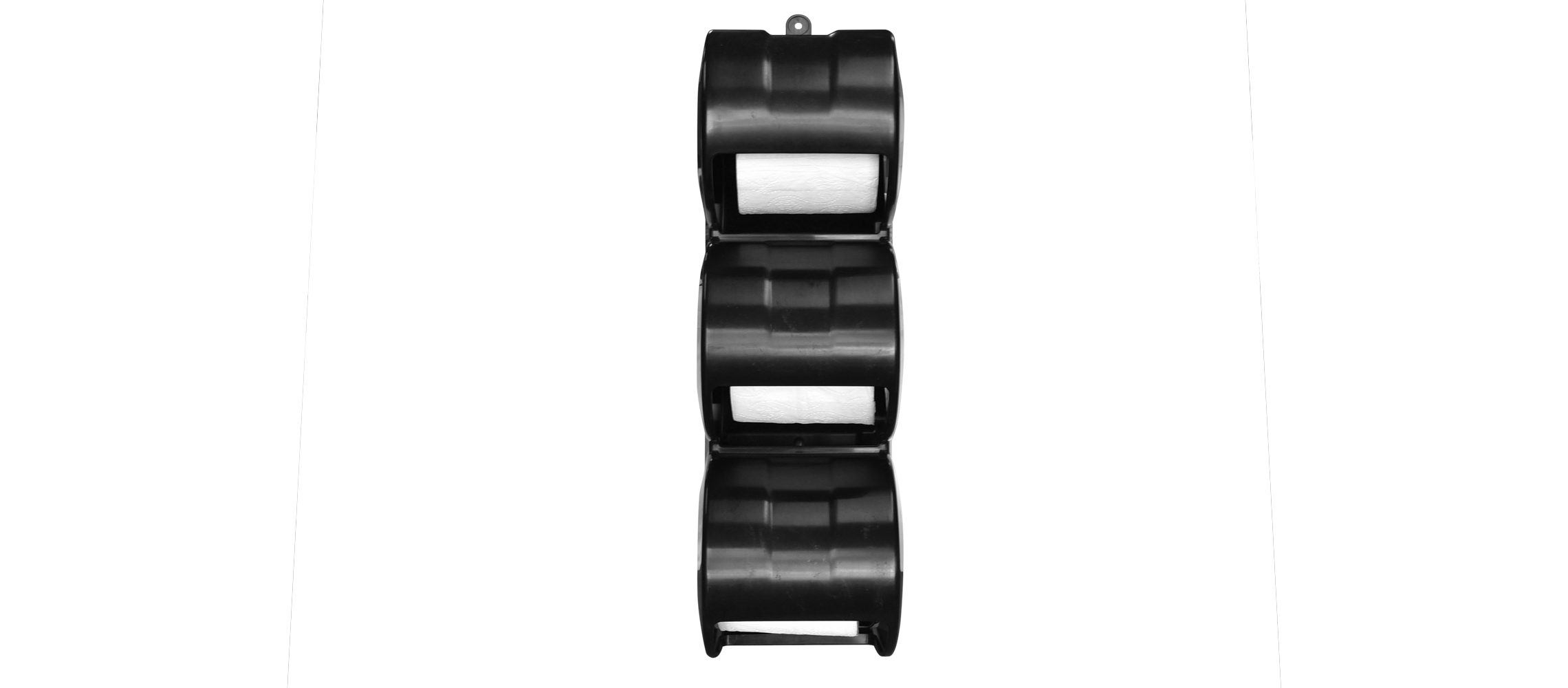 Vertical stack of three black plastic paper towel dispensers, each holding a white roll.