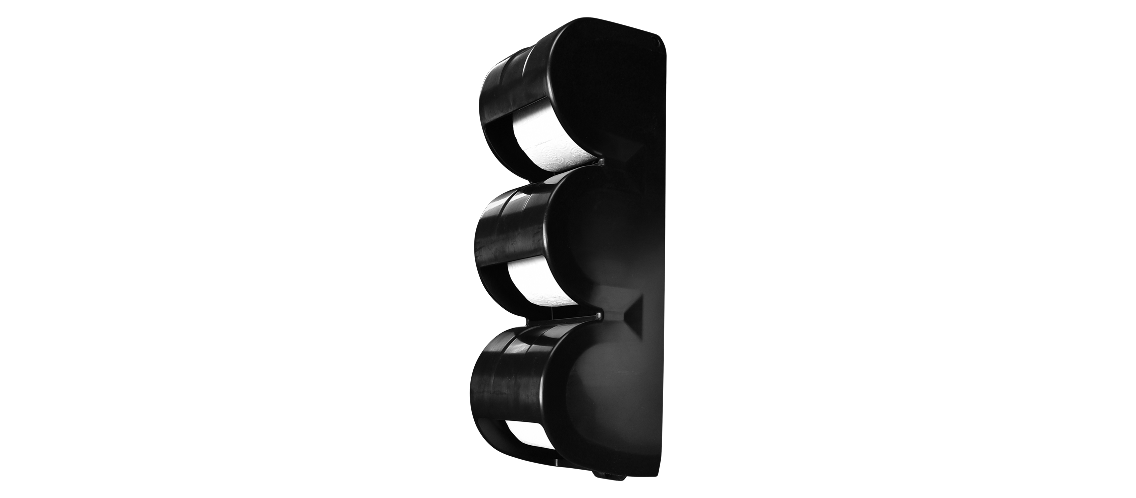 Three-roll dispenser featuring a sleek black design with three clear roll holders.