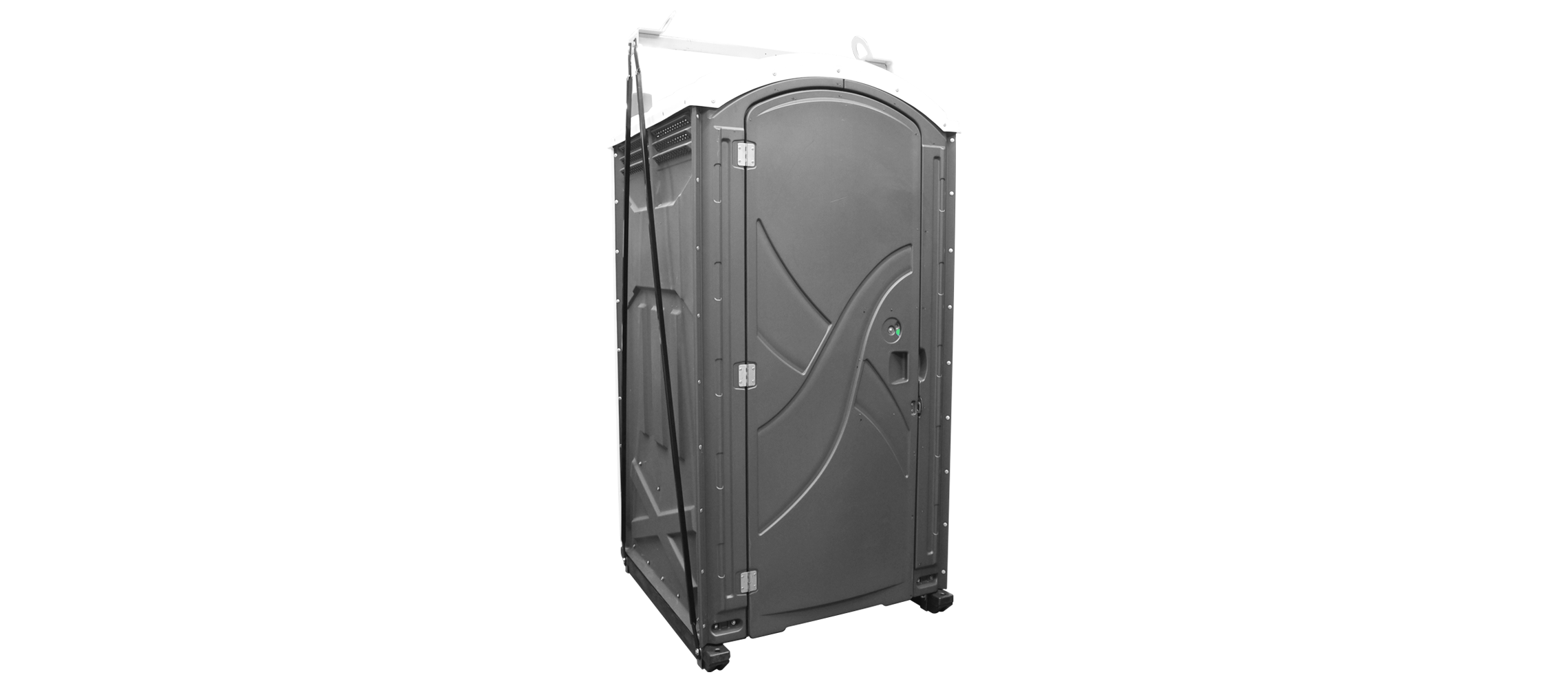 Portable outdoor plastic toilet cabin with door and ventilation, on a plain background.