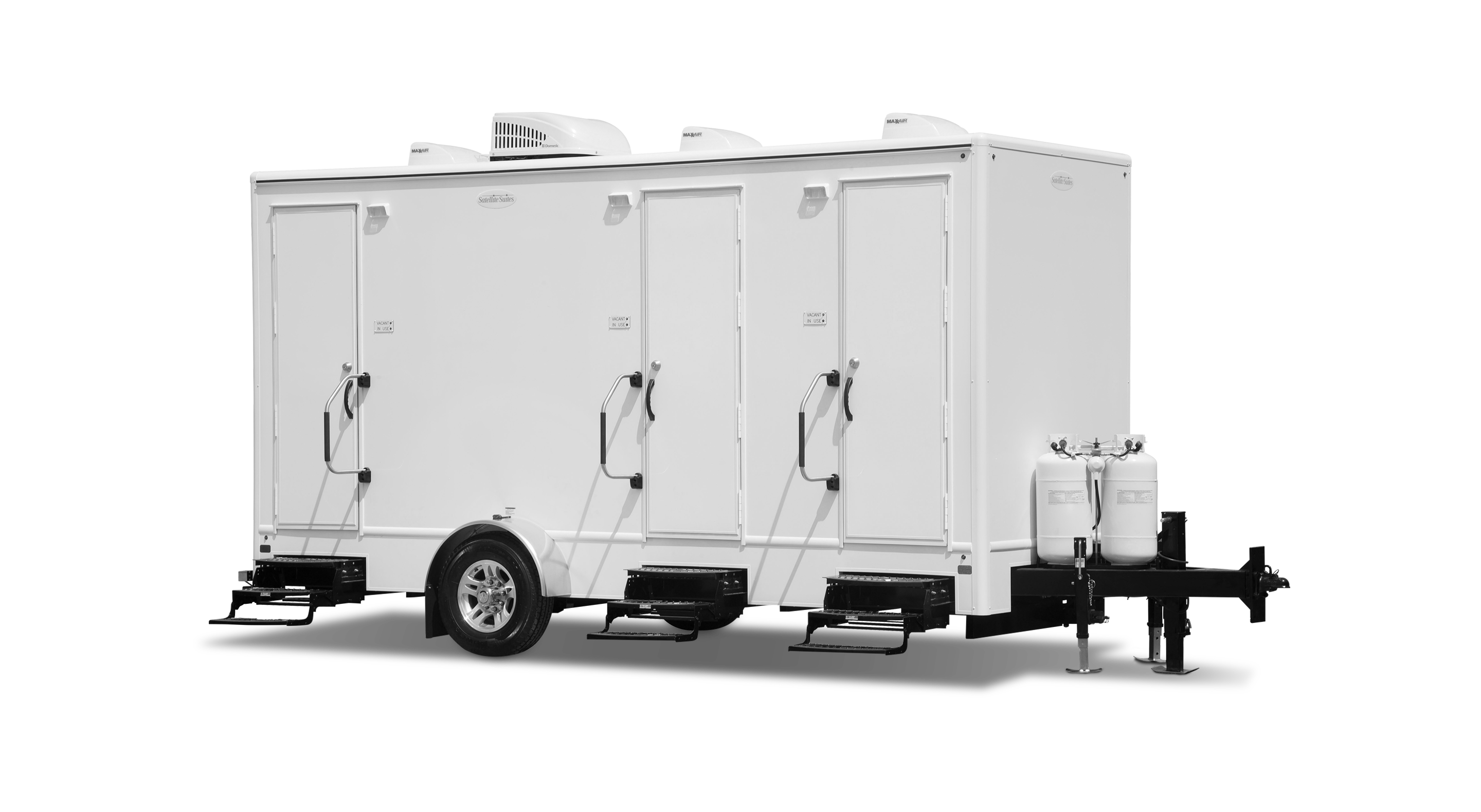 3-station shower combo trailer with white exterior and multiple entry doors.