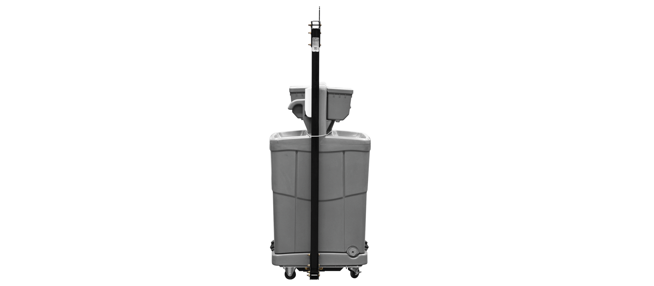 Gray janitorial mop bucket with wringer viewed from the front on wheels.