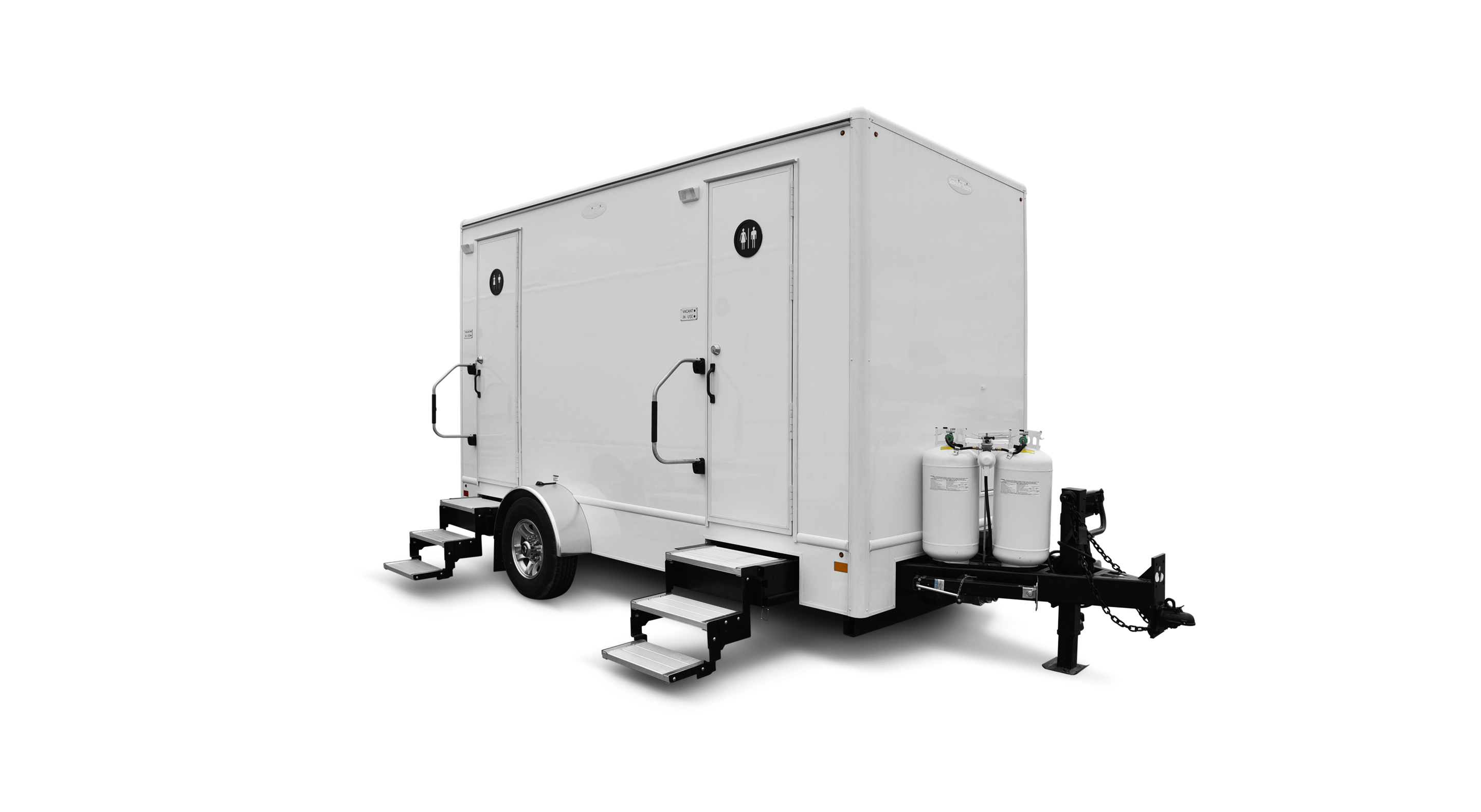 White 6x14' 2-Door Combo Shower trailer with steps and propane tanks on the side.