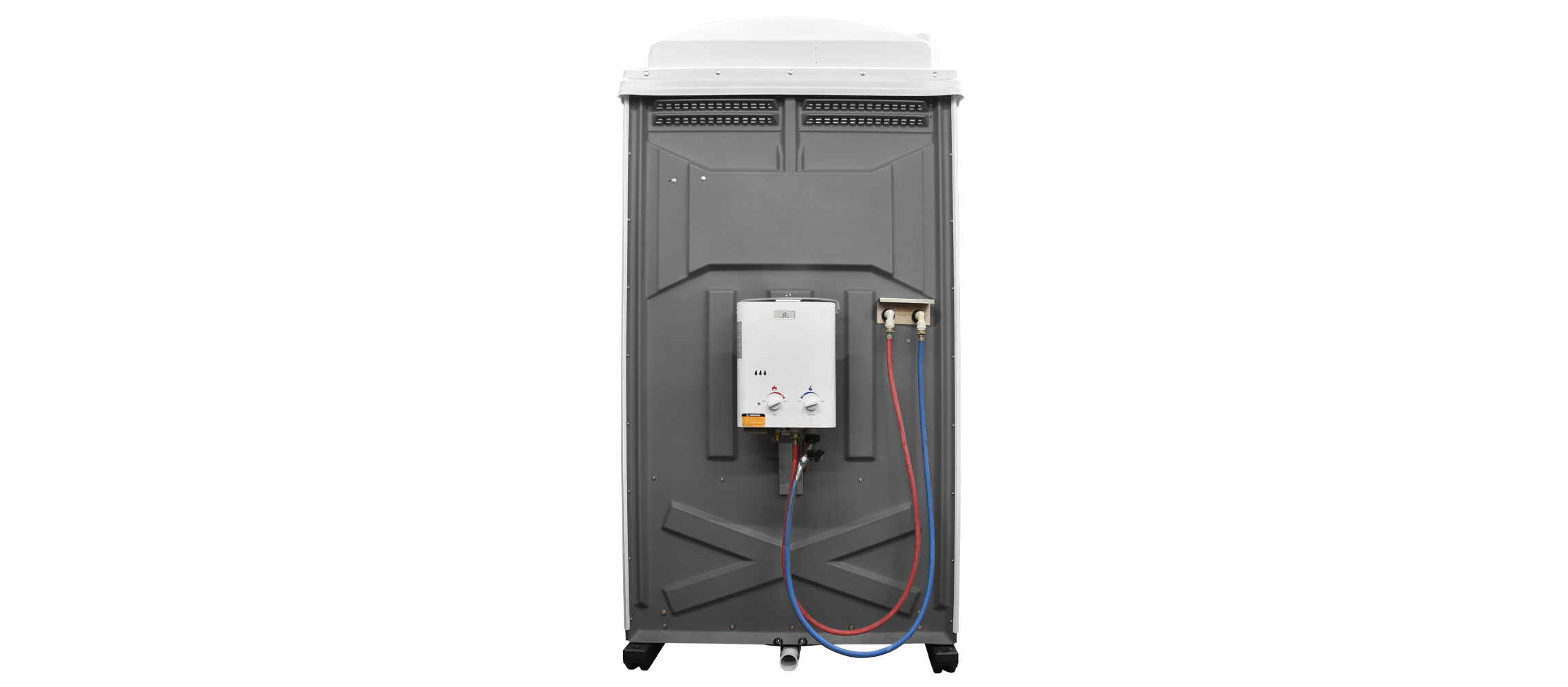Rear view of a gray portable restroom showing internal water heater with red and blue hoses attached.