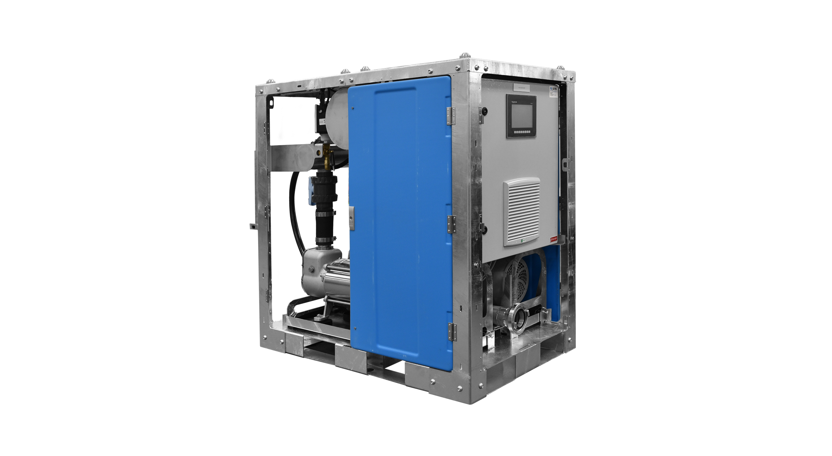 Industrial vacuum unit with blue panels, metal frame, control screen, and motor components visible inside.