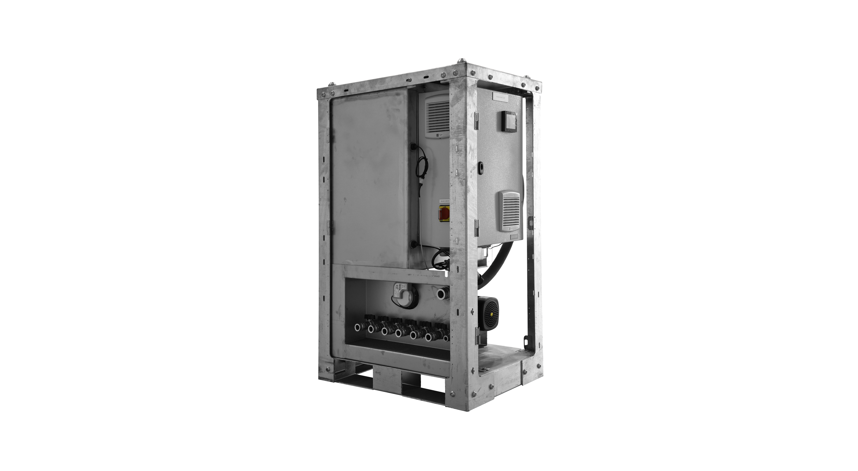 Metallic water supply unit with multiple connections and a compact frame, designed for mobility.
