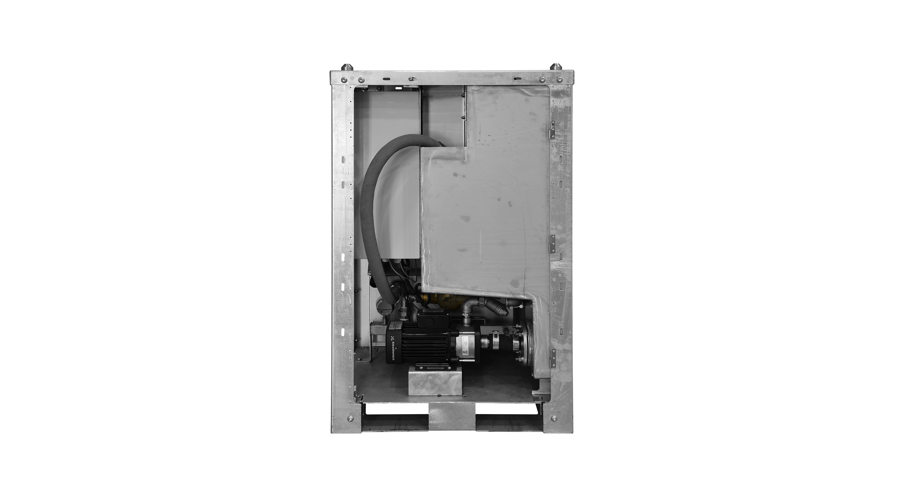 Industrial metal frame housing a black motor pump connected with pipes and a flexible hose.