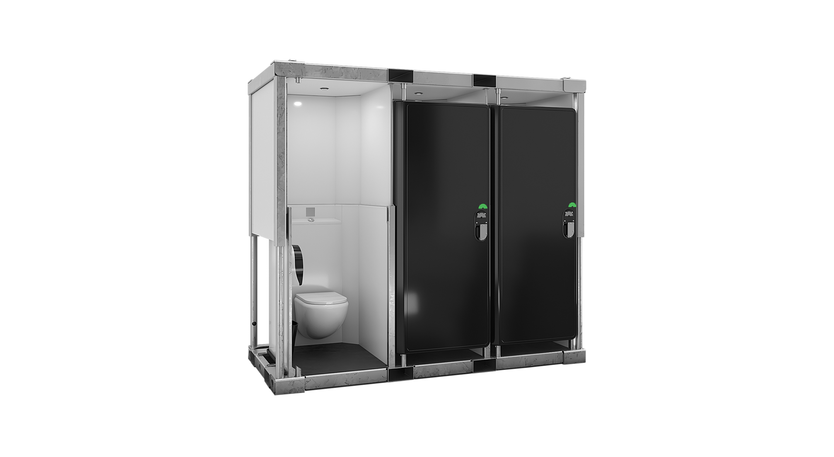 Sanitrax Toilets Module featuring two black restrooms and a separate stall with a toilet.