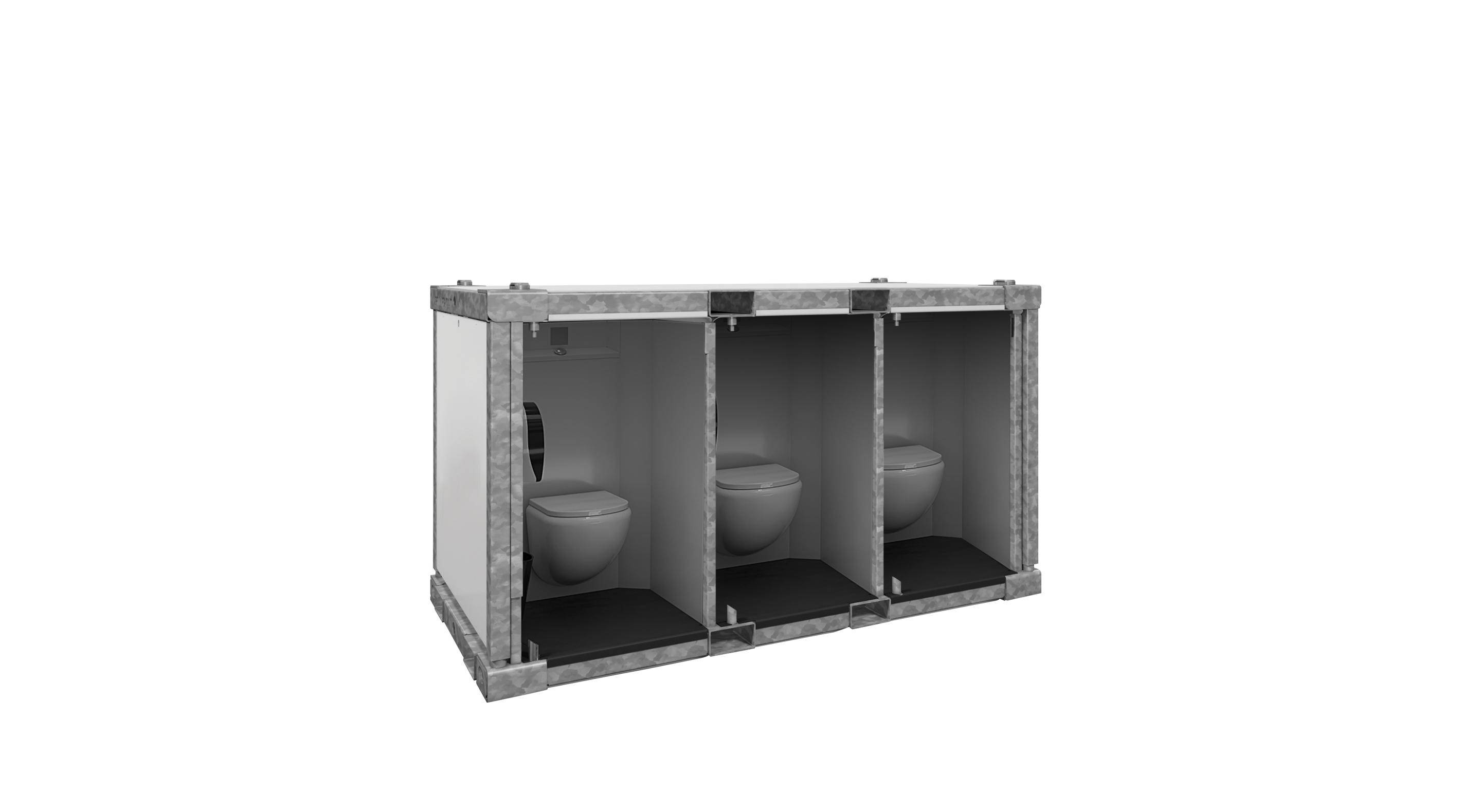 Industrial triple portable toilet cubicles with wall-mounted toilets and no doors.