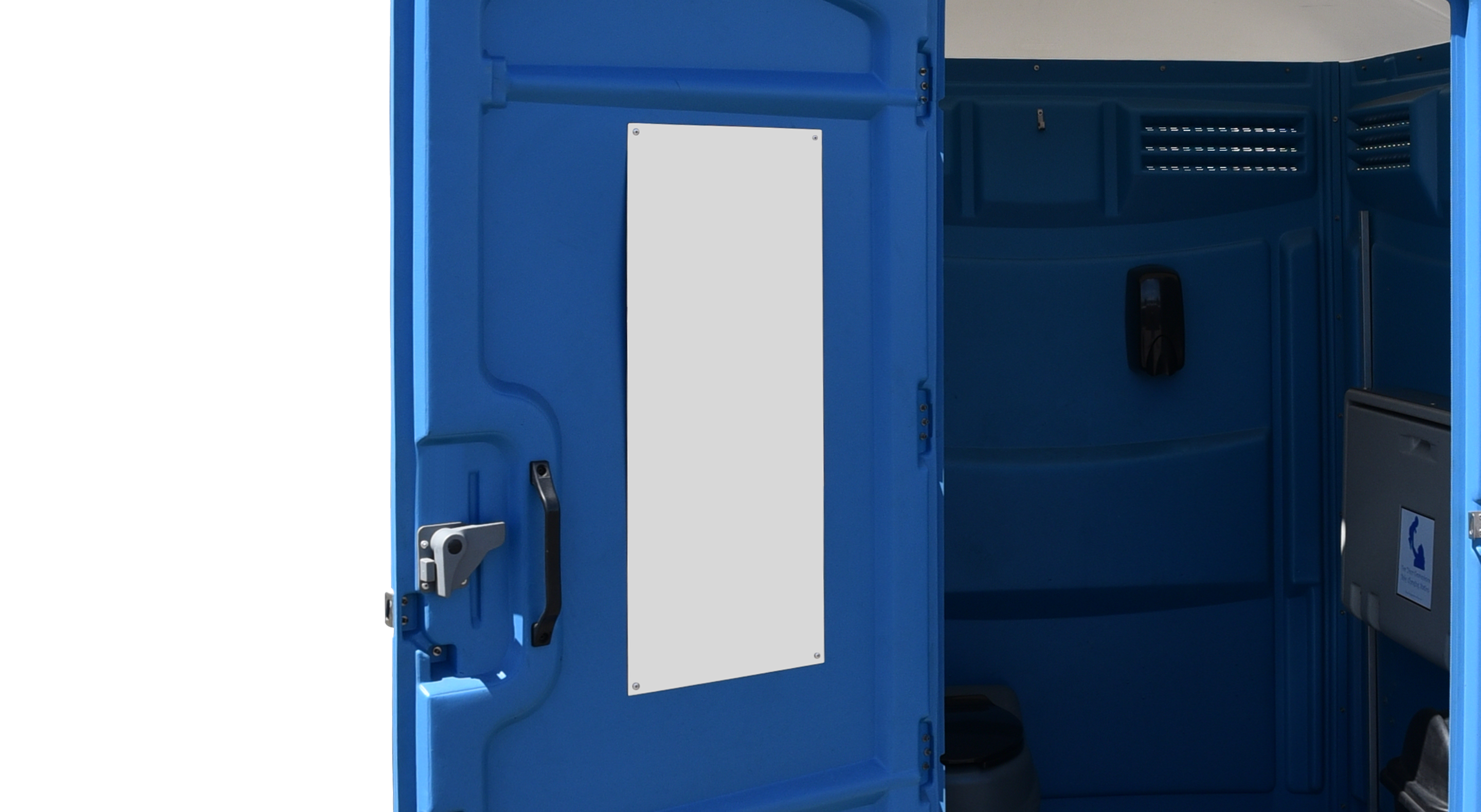 Blue portable toilet with an open door revealing the interior, including a blank wall space.