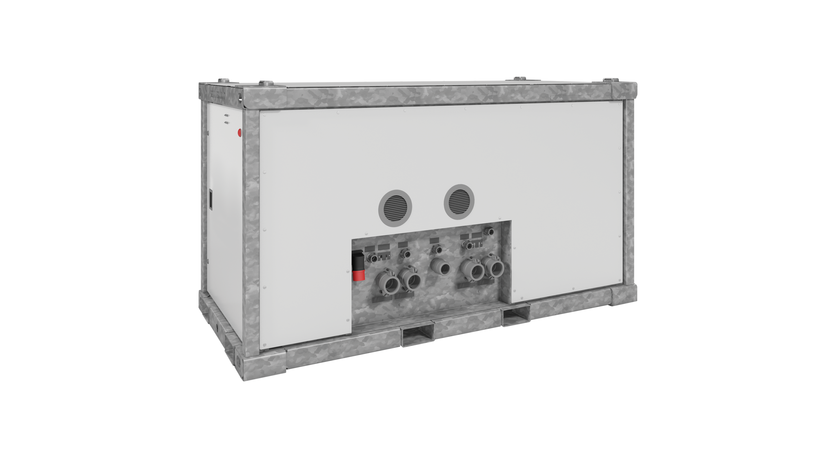 Large rectangular industrial unit with metal frame, vents, and multiple pipe connectors on one side.