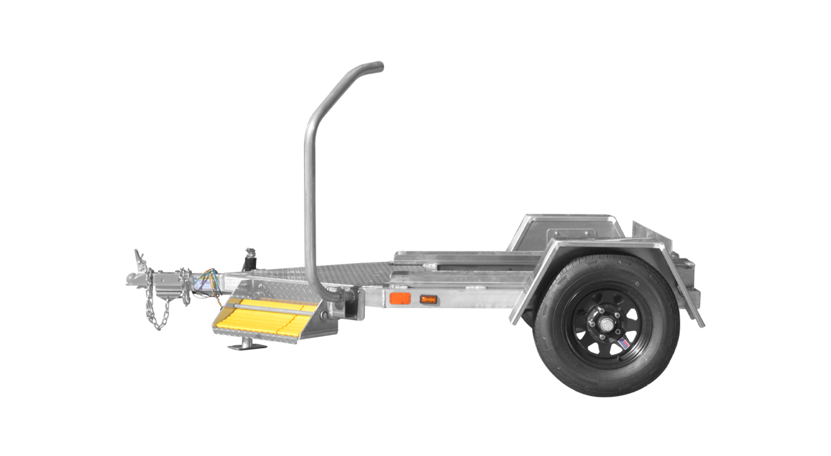 A galvanized trailer with a single axle, ramp, and a handle for towing.