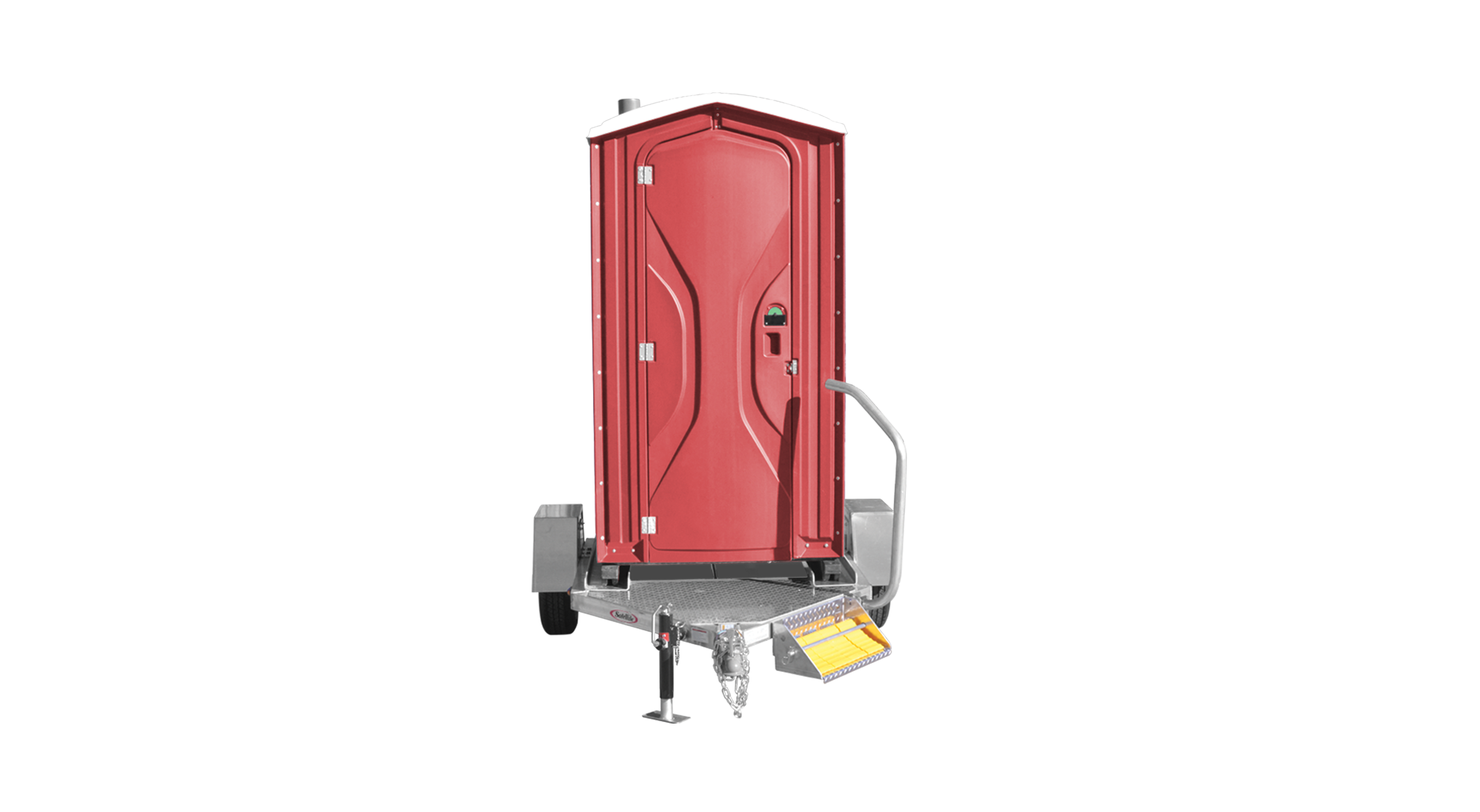 Red portable toilet mounted on a metal trailer with a small front step and handrail.