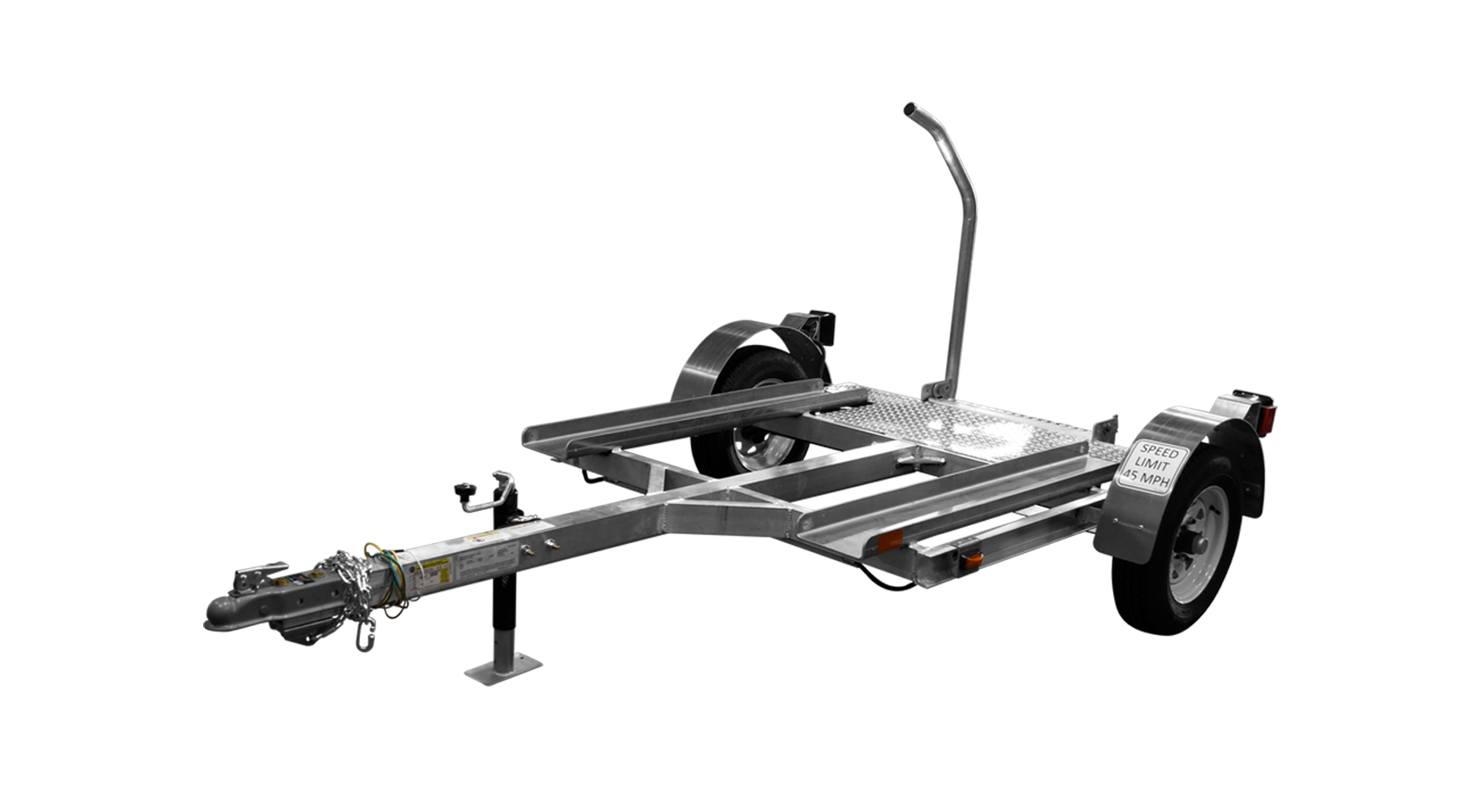 A lightweight, galvanized trailer with a single axle and a swivel hitch.