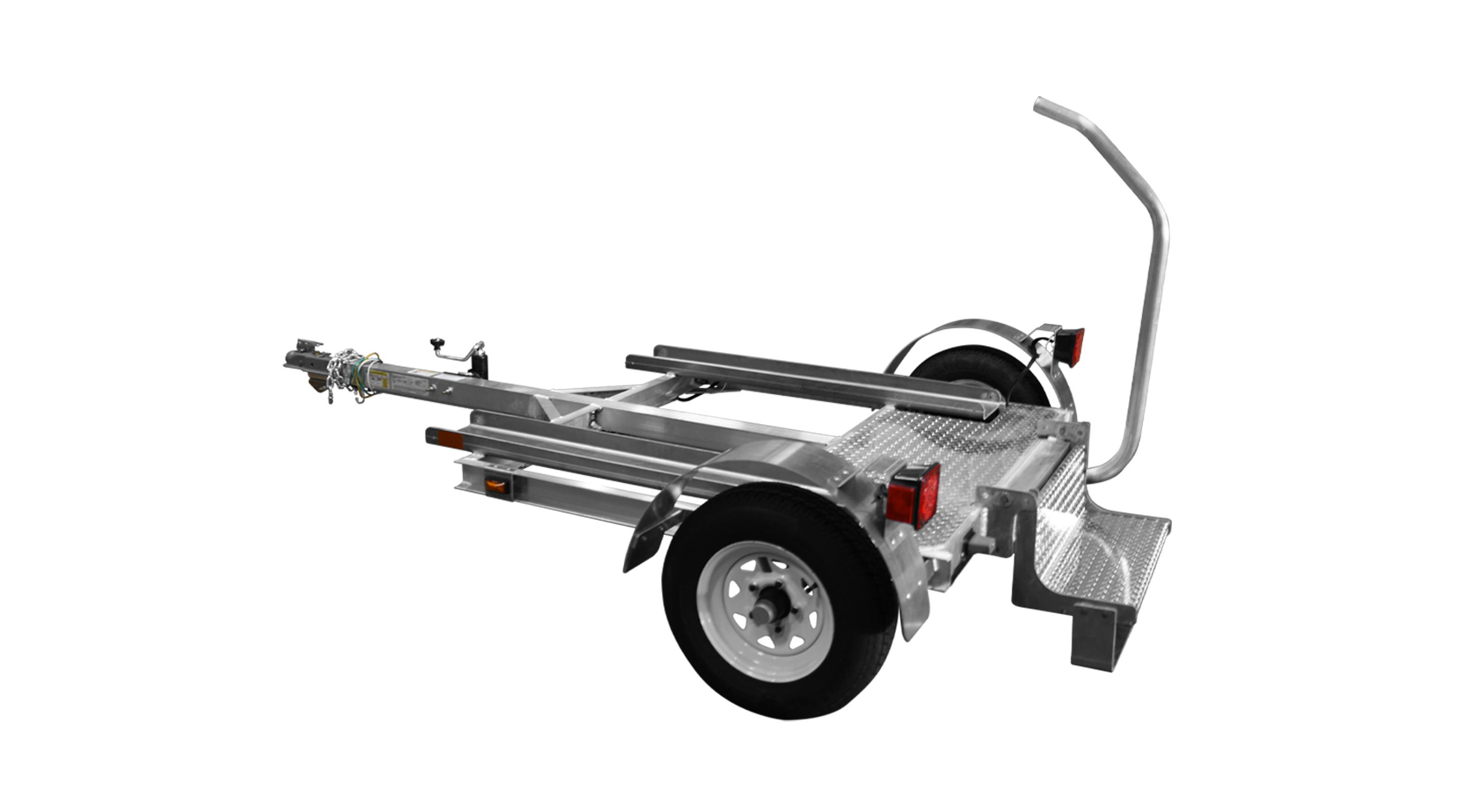 Single-axle aluminum trailer frame with wheels, taillights, and a curved support arm.