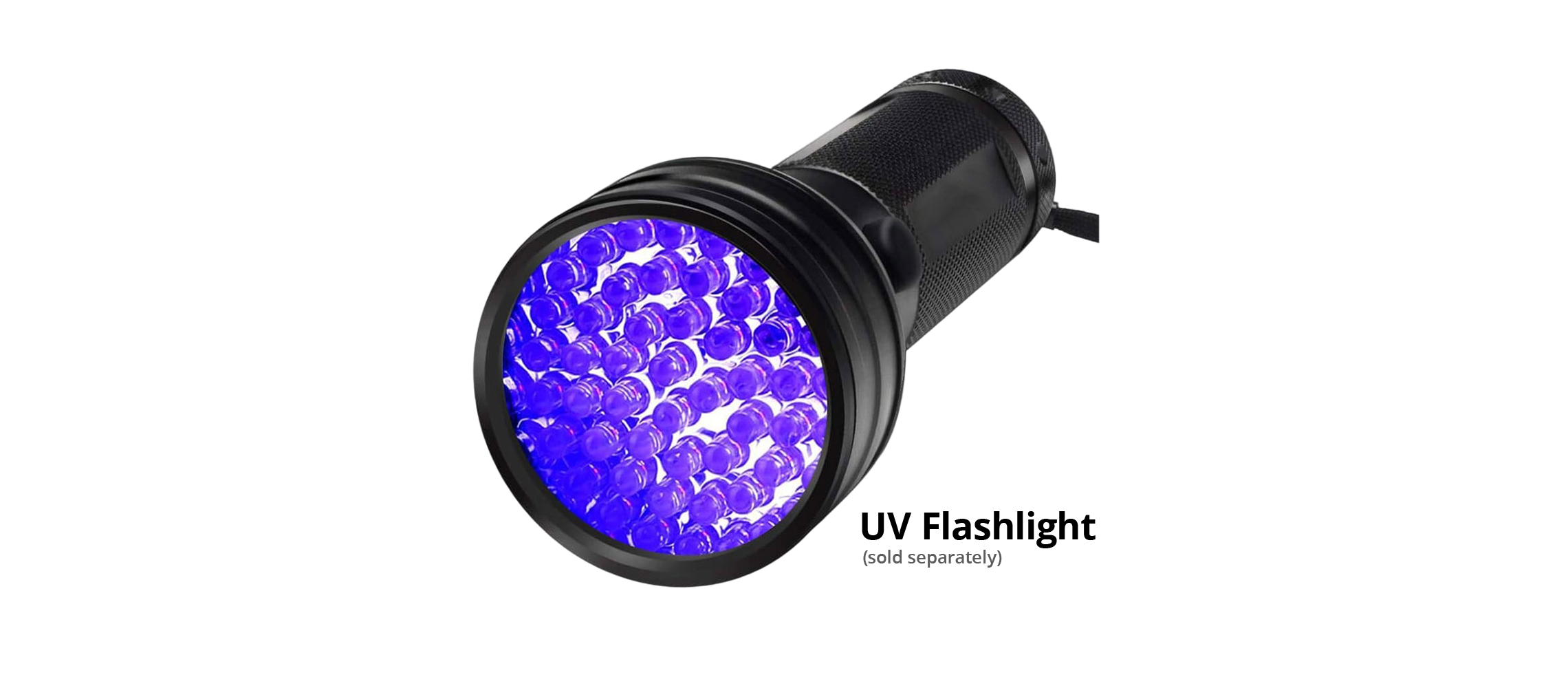 Black handheld UV flashlight emitting blue-purple light from multiple LED bulbs.