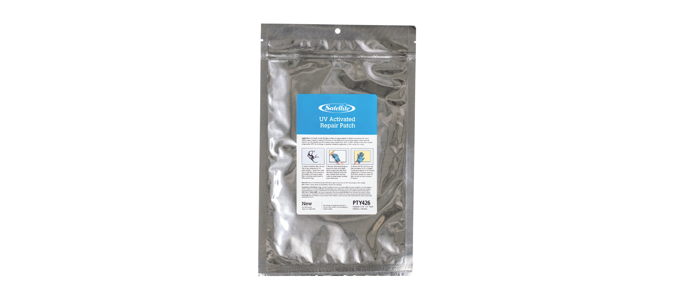 UV Activated Repair Patch in a silver packaging with instructions and usage illustrations.