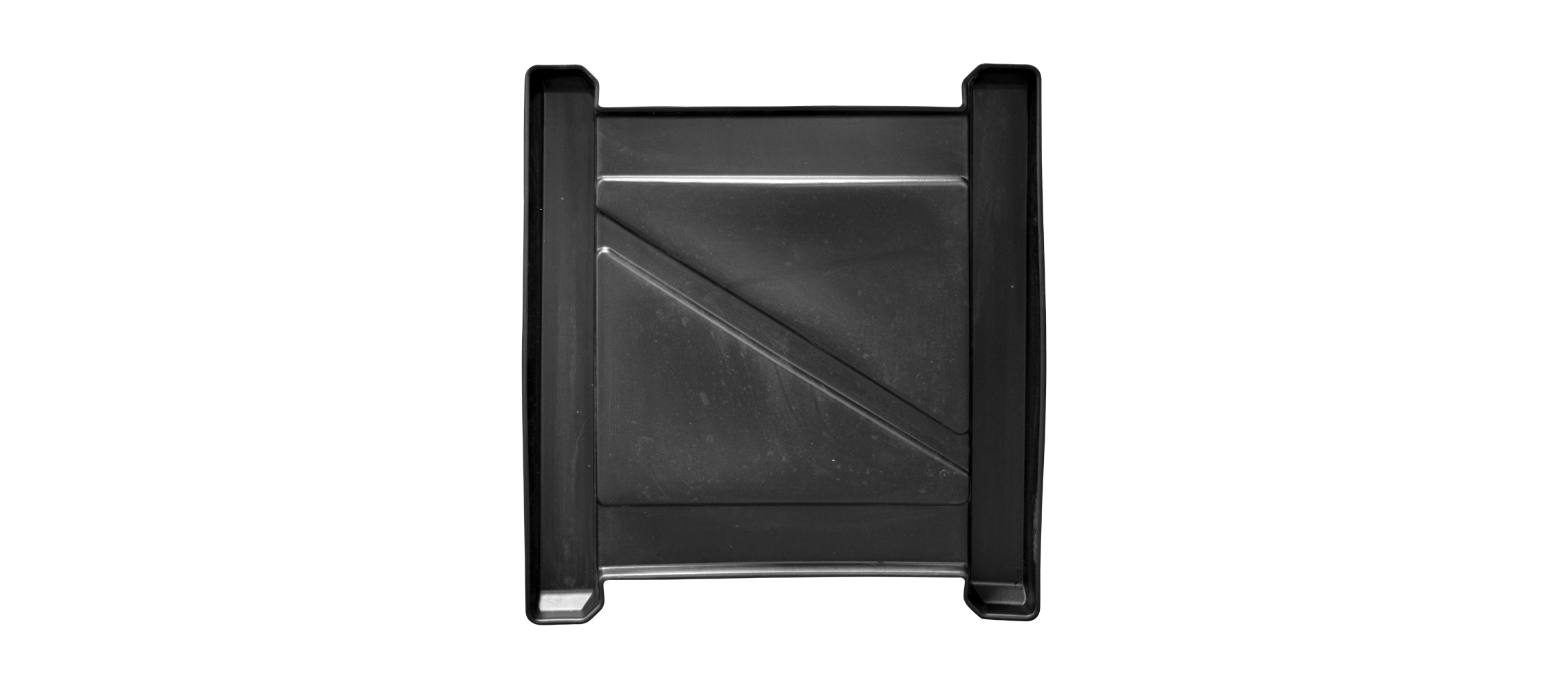 Black restroom containment tray with a diagonal partition and raised edges for stability.