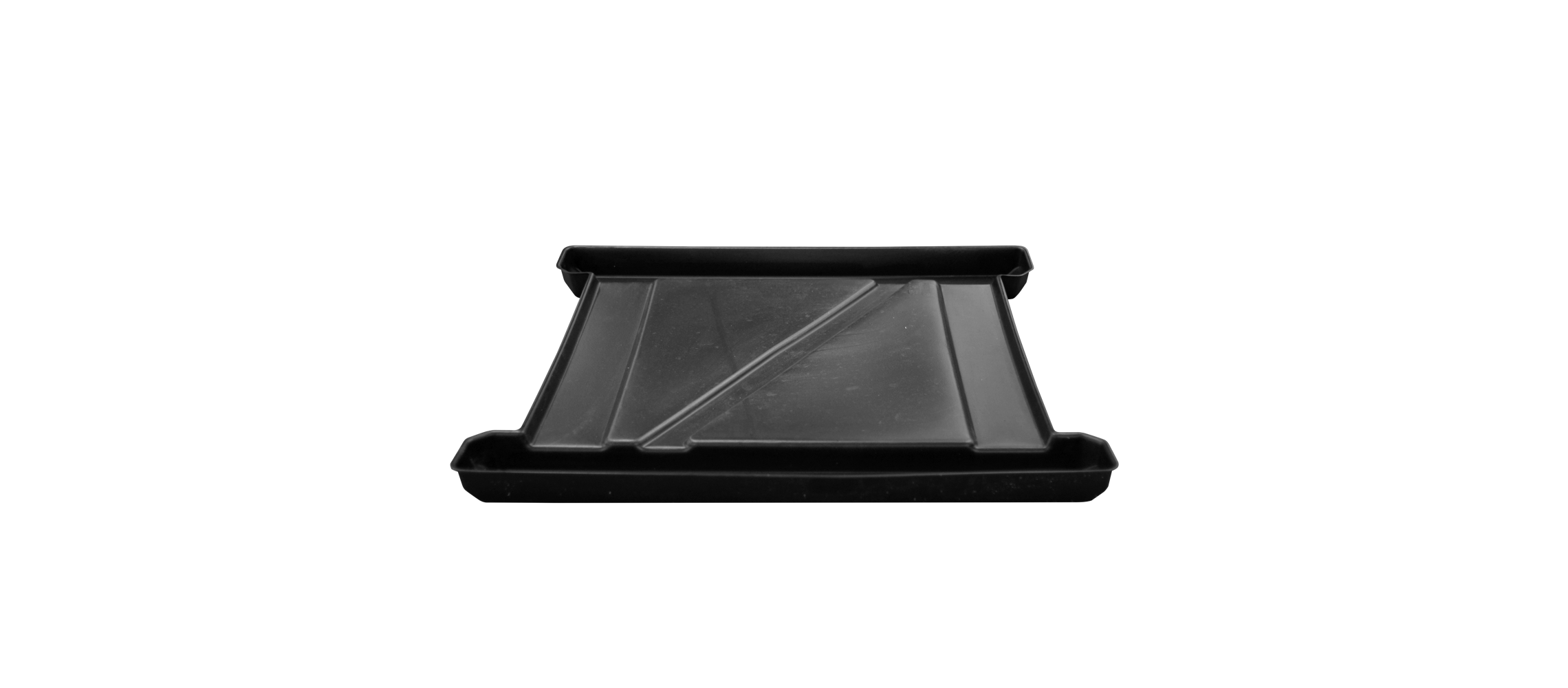 Black rectangular plastic tray with angled raised sections and rimmed edges.