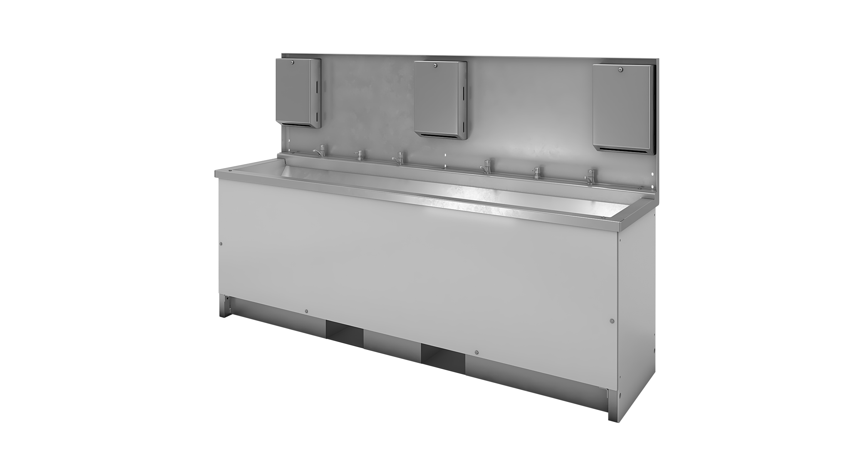 Long stainless steel multi-station sink with three paper towel dispensers mounted above.